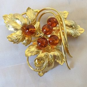 Vintage gold & orange leaf & seed brooch